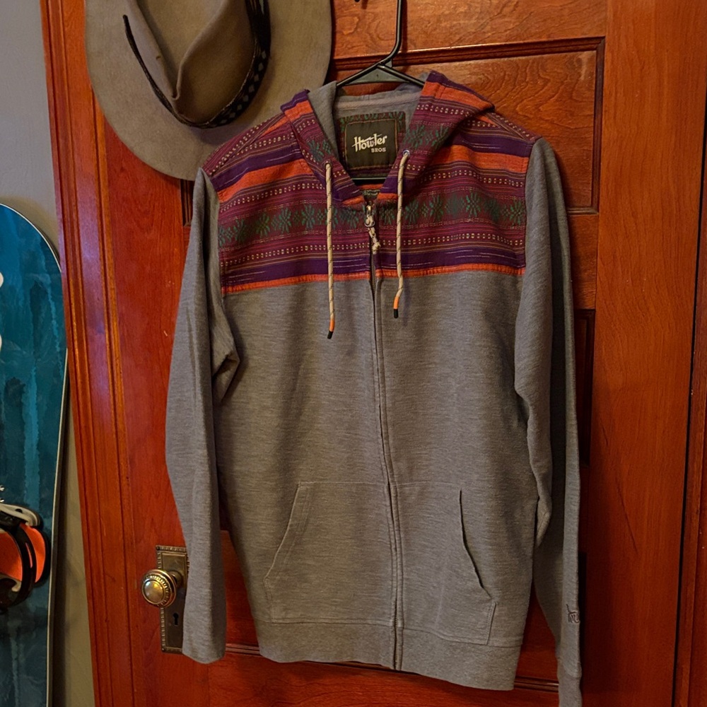 Howler Brothers Shaman Heathered Gray Zip Up Sweater with Multicolor Pattern